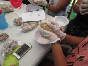 Participantes del taller cocinando cocadas saludables