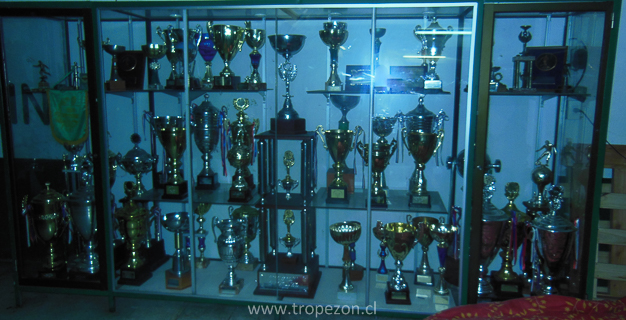 Vitrina que cubría varios metros, que exhibía los trofeos ganados en diferentes campeonatos