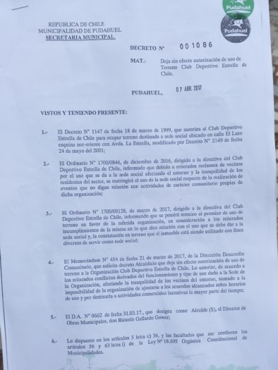 Carta enviada por el Municipio al Club Deportivo Estrella de Chile 