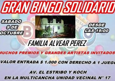 Sábado 9 de octubre: Gran Bingo Solidario en ayuda a vecinos que sufrieron incendio de su casa en Pudahuel