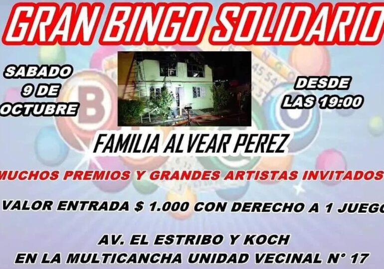 Sábado 9 de octubre: Gran Bingo Solidario en ayuda a vecinos que sufrieron incendio de su casa en Pudahuel
