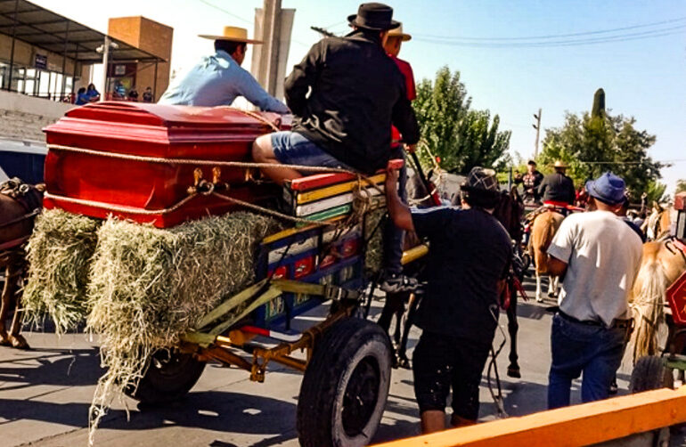 Cortejo fúnebre a bordo de un Carretón tirado por caballos llega a cementerio municipal de Pudahuel