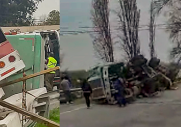 Camión de alto tonelaje se volcó y deja a su conductor herido en Pudahuel rural