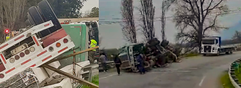 Camión de alto tonelaje se volcó y deja a su conductor herido en Pudahuel rural