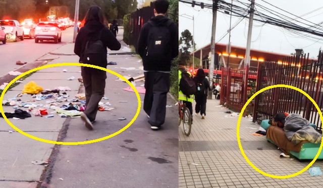Realidad que molesta: basura y persona durmiendo en vereda de alto tránsito peatonal a pasos del metro Pudahuel