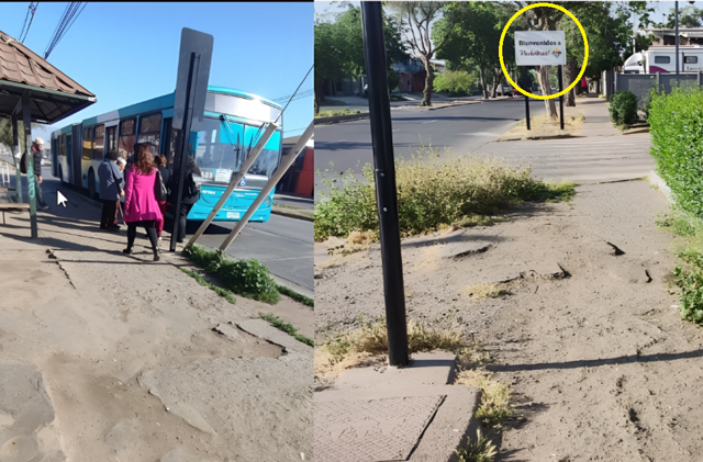 Contraste en Pudahuel: Letrero de bienvenida luce renovado mientras veredas aledañas siguen en deterioro